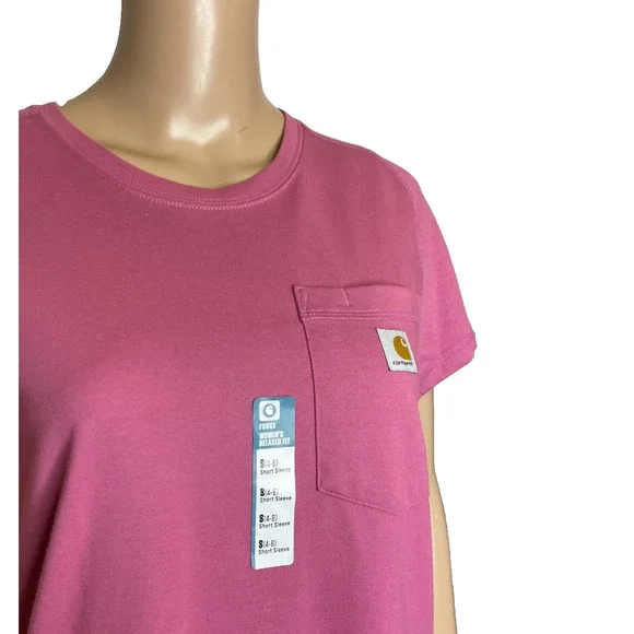 Women's Small Carhartt Force Relaxed Fit Midweight Pocket Pink T-Shirt - Picture 3 of 6